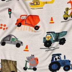 Baumwolljersey Digital bunte Fahrzeuge - altweiß