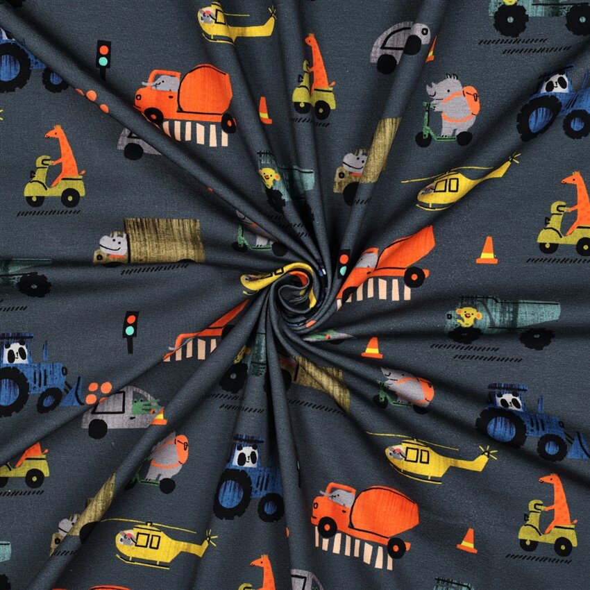 Baumwolljersey Digital bunte Fahrzeuge - indigo