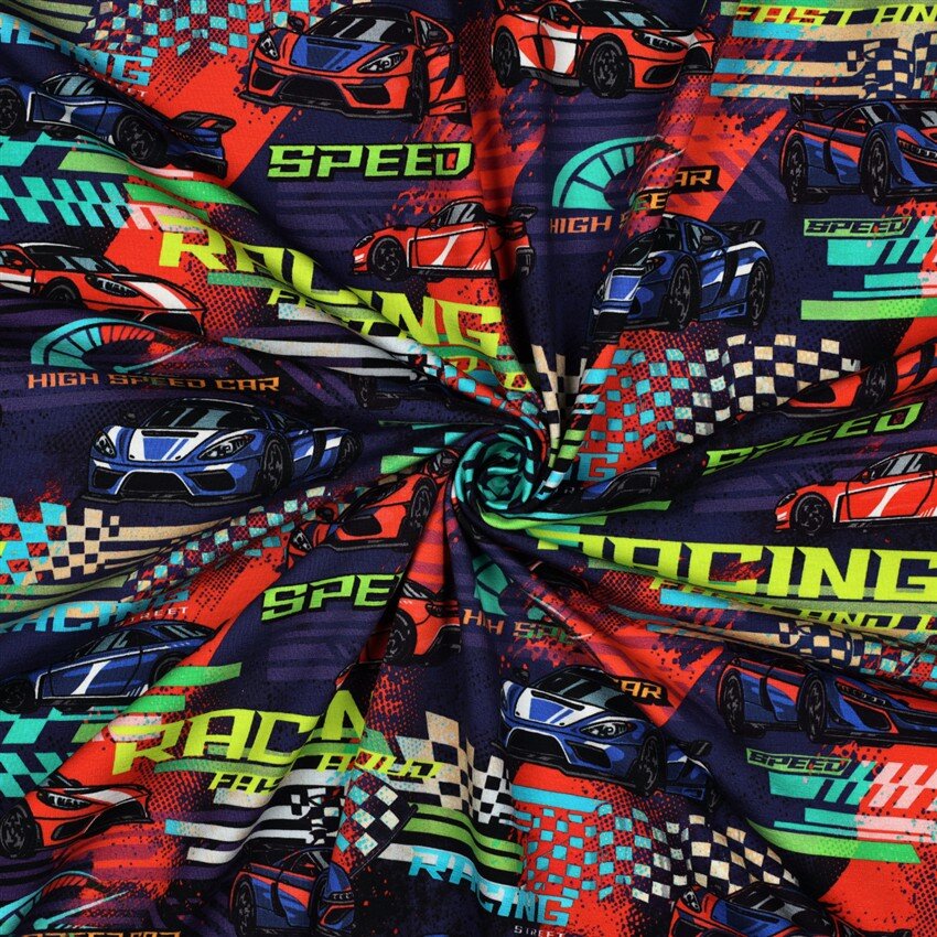 Baumwolljersey Digital Rennwagen - kobaltblau