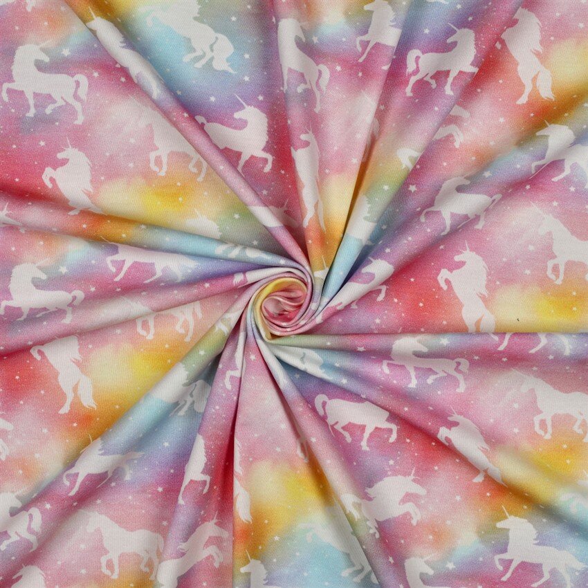 Baumwolljersey Digital bunte Einhörner - pastellrosa