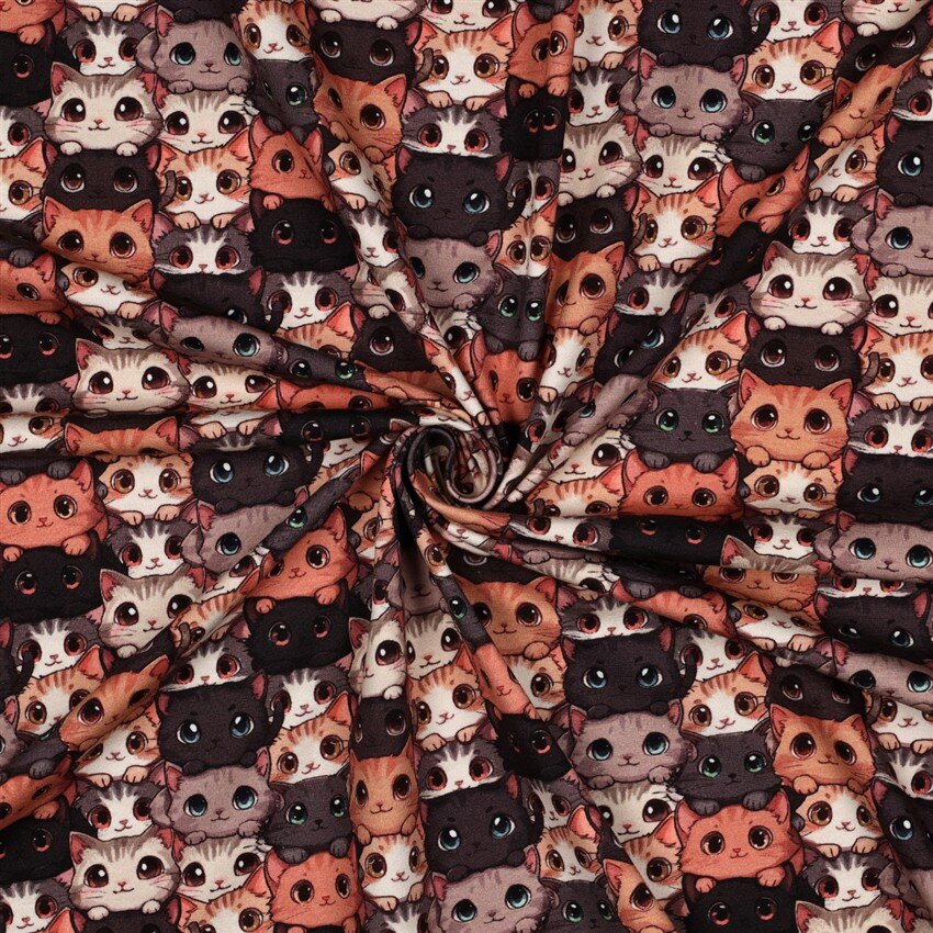 Baumwolljersey Digital süße Katzenköpfe - braun