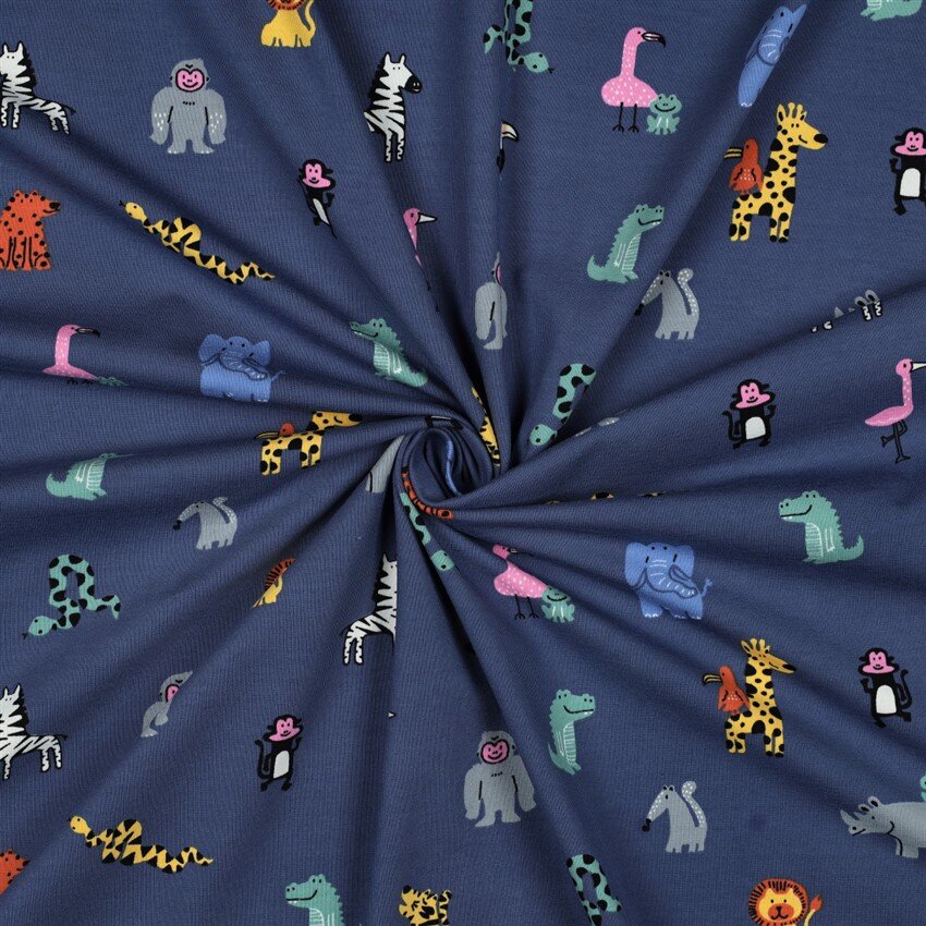 Baumwolljersey bunte lustige Tiere - kobaltblau