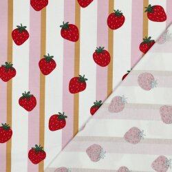 Baumwolljersey Erdbeeren auf Streifen - weiß
