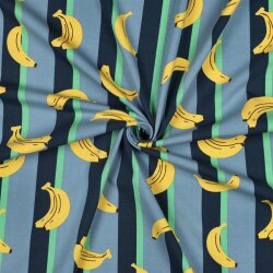 Baumwolljersey Bananen auf Streifen petrol