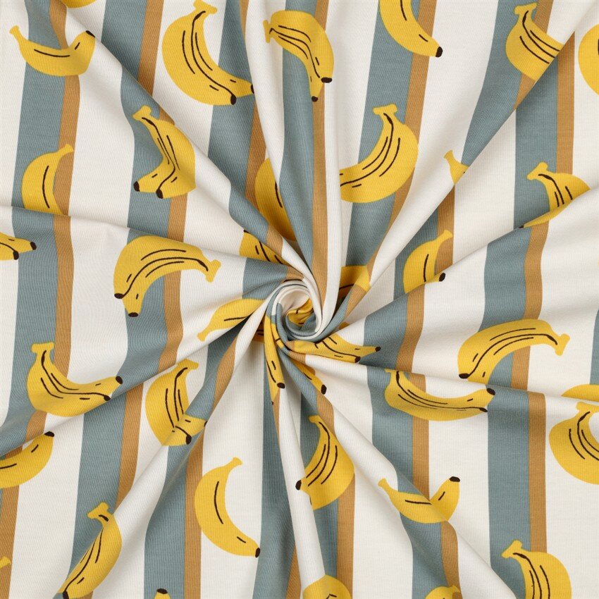 Baumwolljersey Bananen auf Streifen - weiß