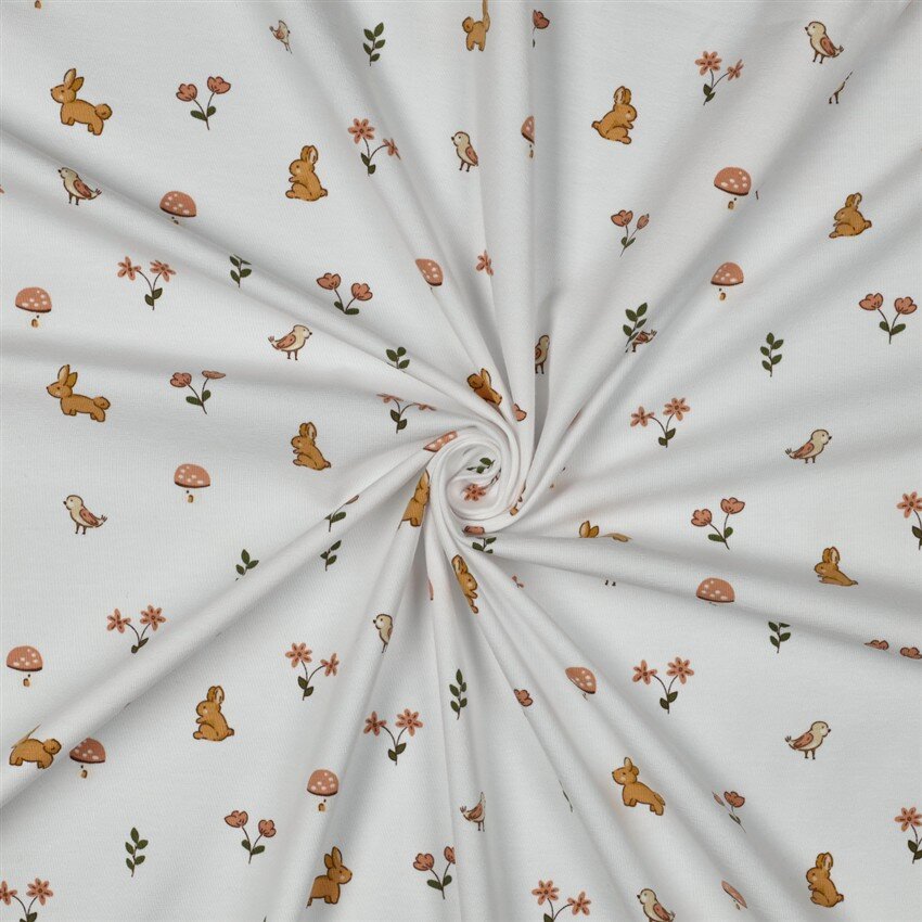 Baumwolljersey Hasen & Vögel - weiß