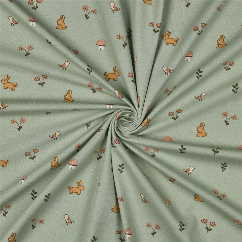 Baumwolljersey Hasen & Vögel - hellsalbei