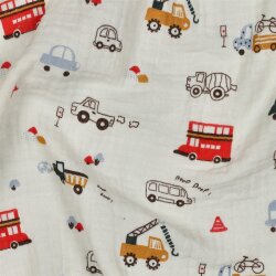 Musselin kleine bunte Fahrzeuge - altweiß