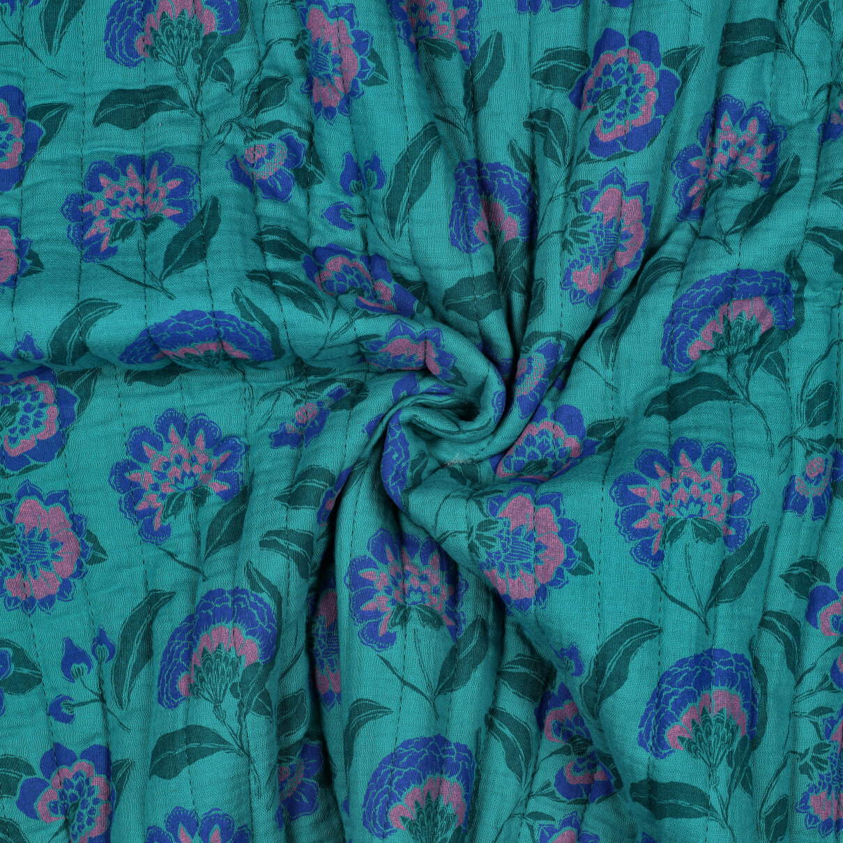 Musselin Gesteppt Blumen - helltürkis