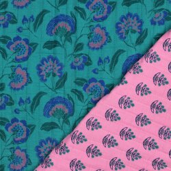Musselin Gesteppt Blumen - helltürkis