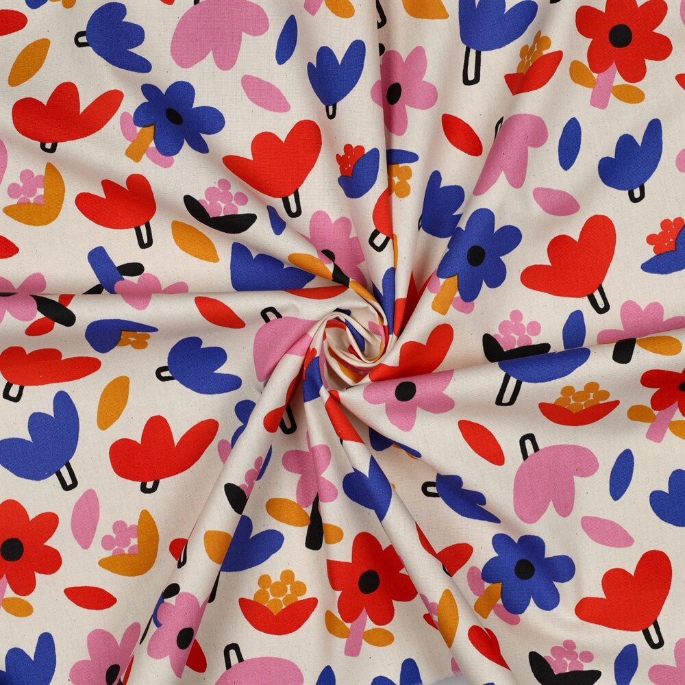 Baumwollpopeline Organic Jennifer Bouron bunte Blümchen - natur/blau