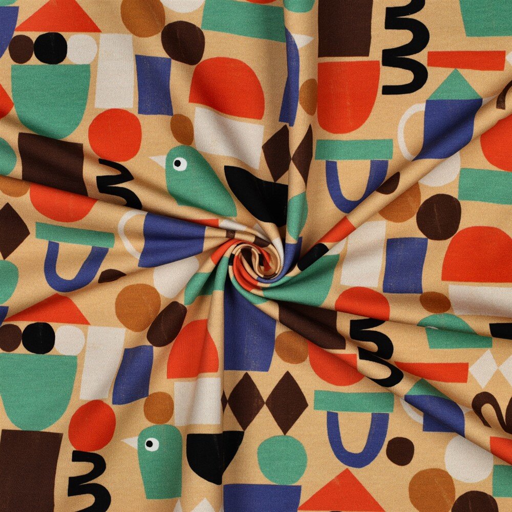 FrenchTerry Organic Digital Jennifer Bouron bunte Formen - sandgelb