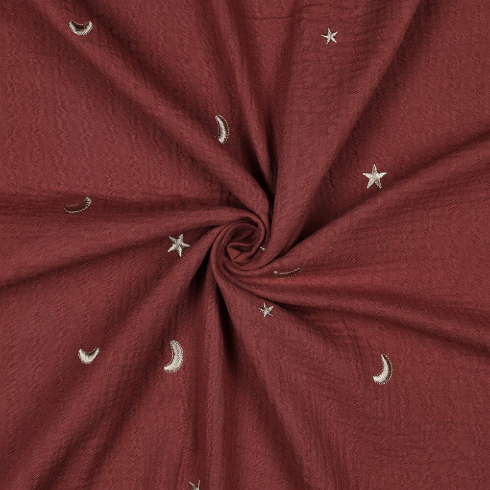 Musselin Bestickt Mond und Sterne - altrot