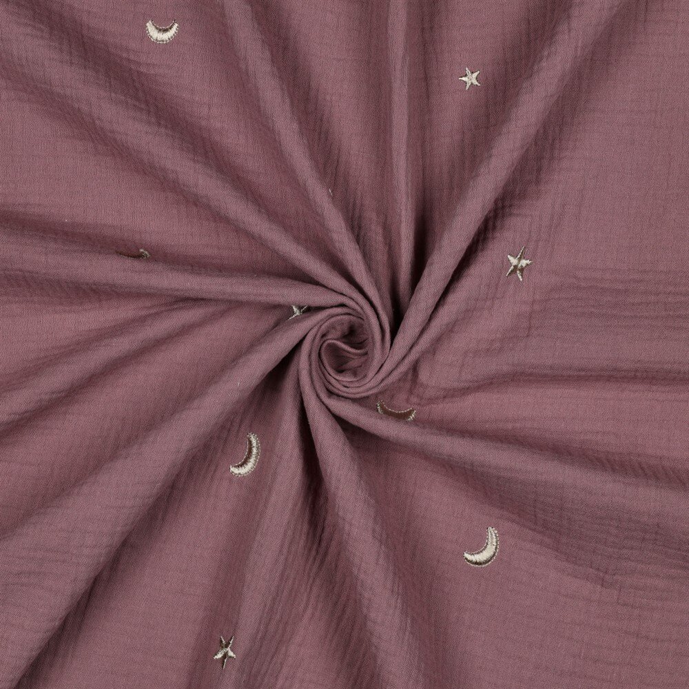 Musselin Bestickt Mond und Sterne - altmauve