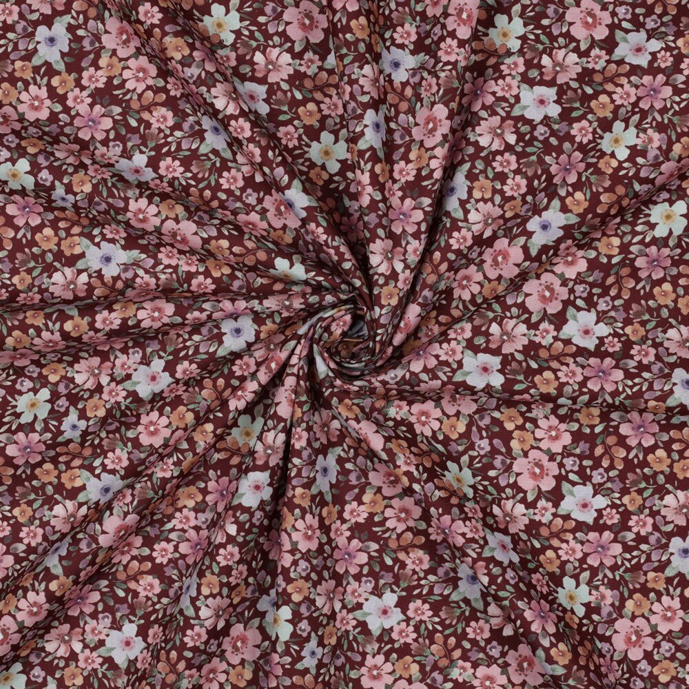 Baumwollpopeline kleines Blumenmeer - weinrot