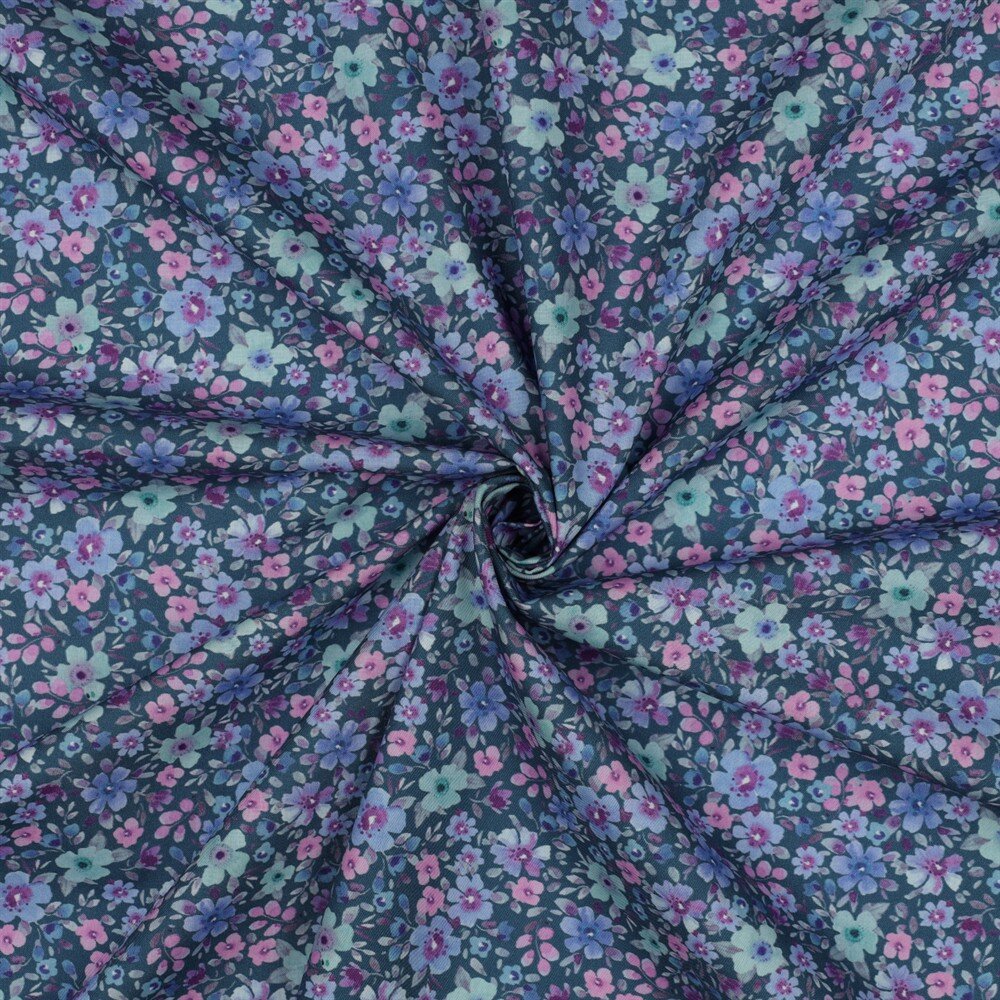 Baumwollpopeline kleines Blumenmeer - petrolblau