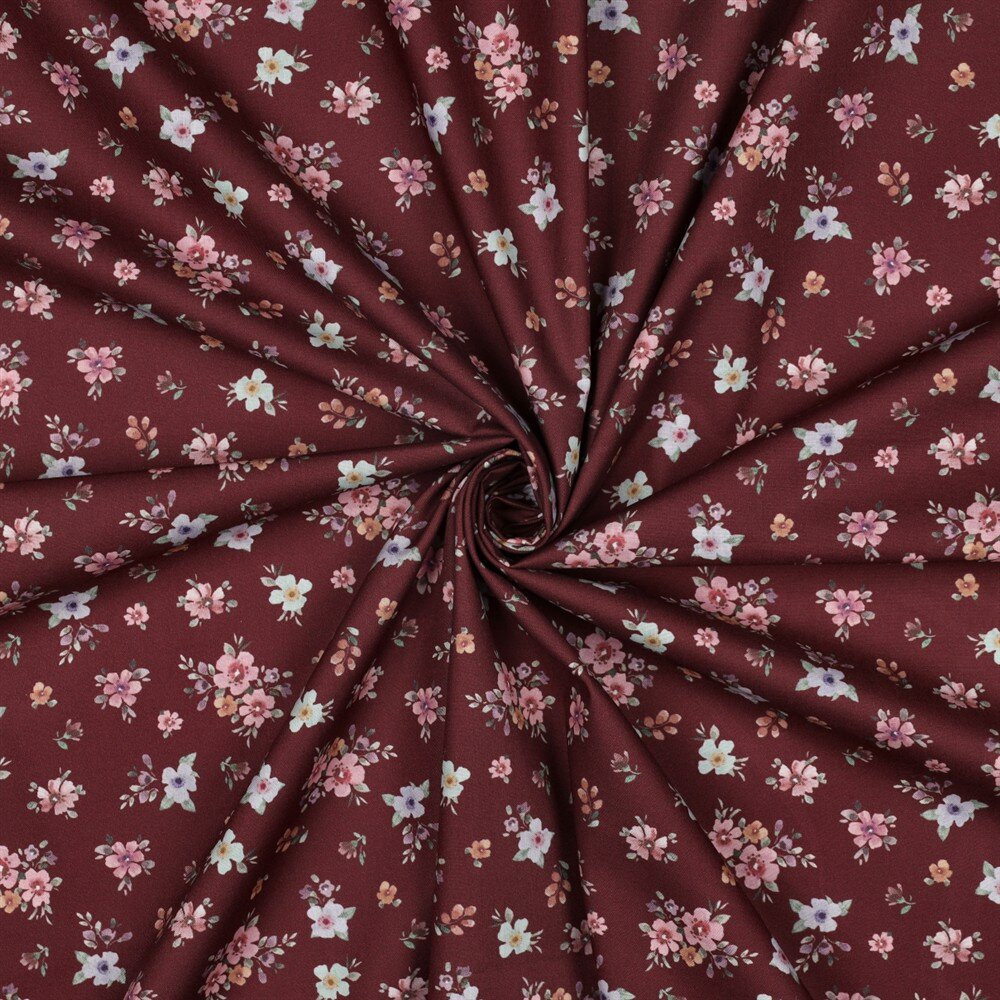 Baumwollpopeline kleine Blumensträuße - weinrot