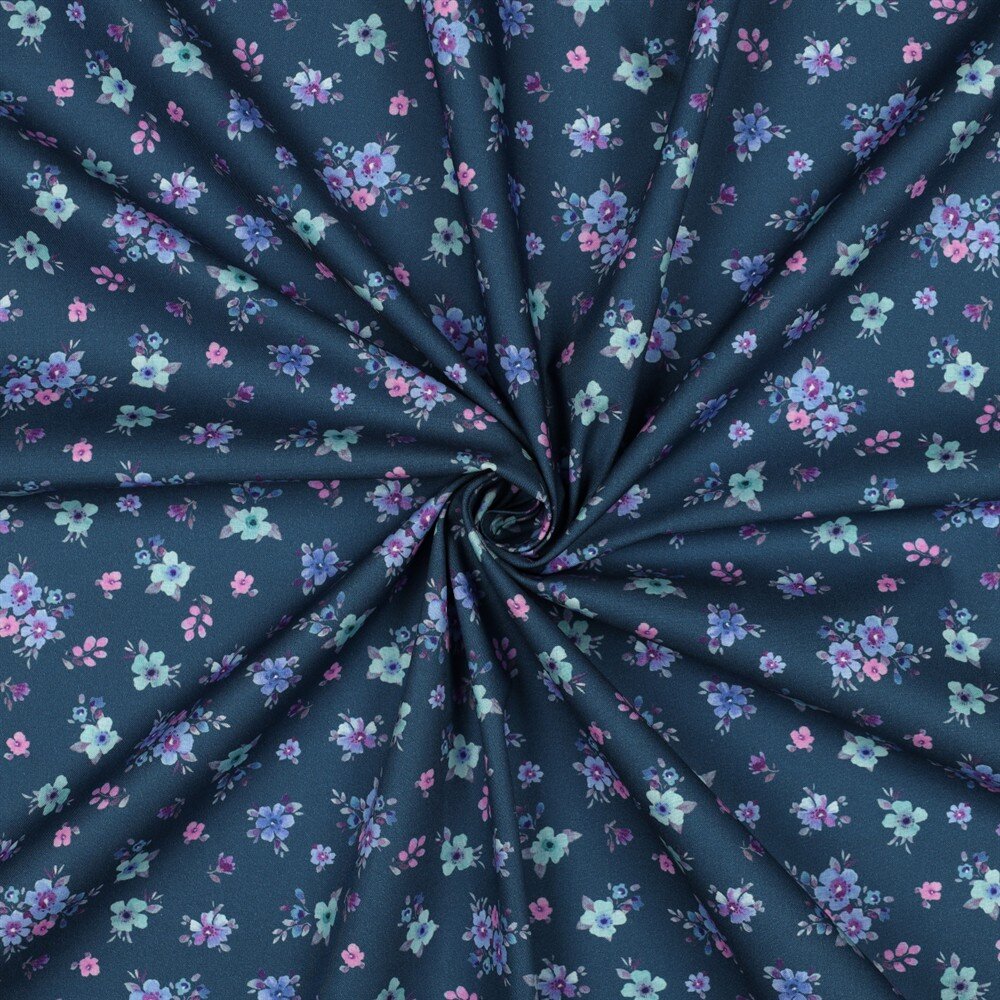 Baumwollpopeline kleine Blumensträuße - petrolblau