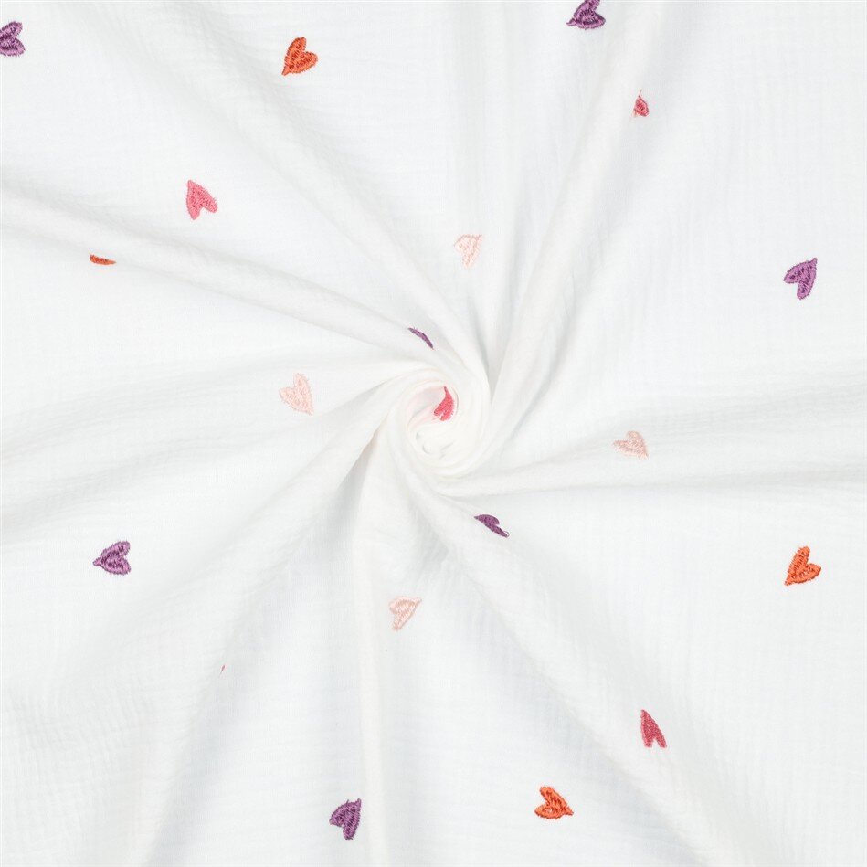 0,4 Meter - Musselin Bestickt Herzen - pink/orange