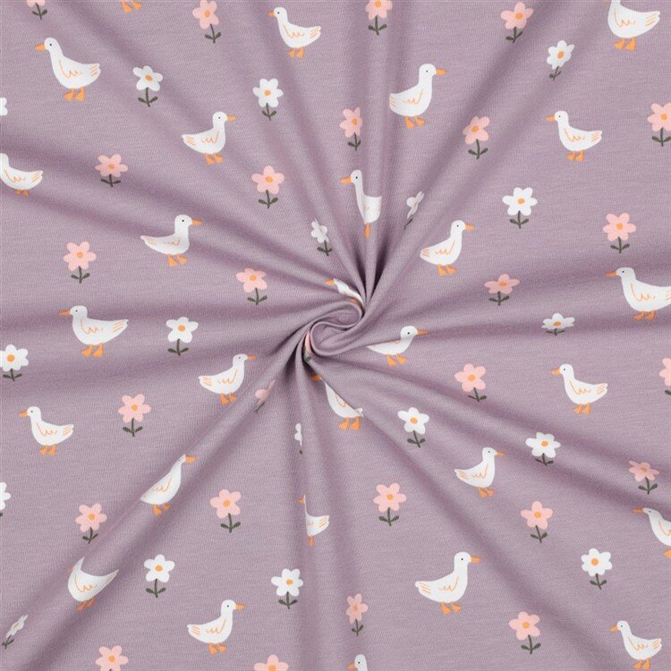 0,3 Meter - Baumwolljersey Bio~Organic Vögel und Blümchen - softlavendel