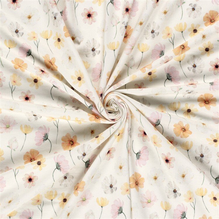 0,7 Meter - Baumwolljersey BIO~Organic Digital zarte Blumen - wollweiß - creme