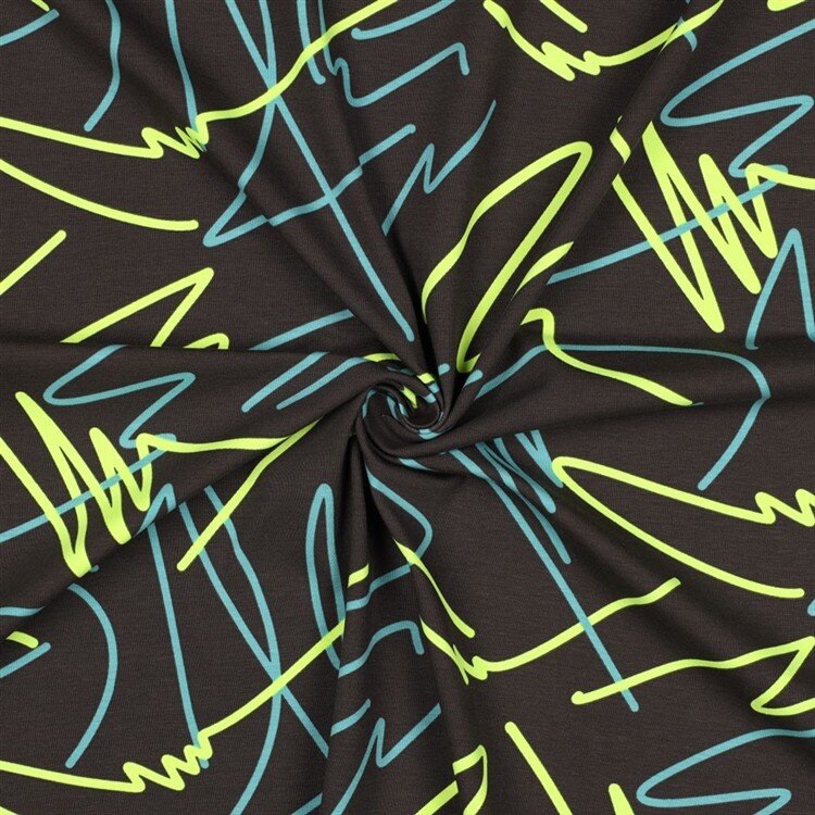 0,3 Meter - Baumwolljersey Neon Kritzelei - anthrazit