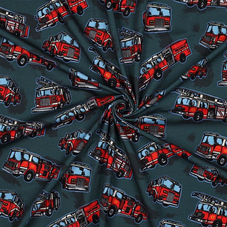 0,6 Meter - Baumwolljersey Digital Feuerwehrfahrzeuge - petrol