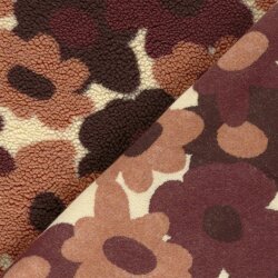Teddystoff große Blüten - cremebeige/braun/rot