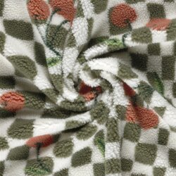 Teddystoff Kirschen auf Karos - creme/oliv
