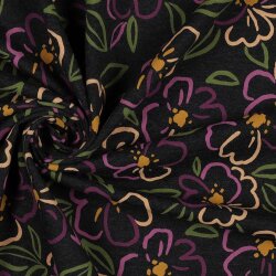 0,6 Meter - Baumwolljersey gemalte Blumen - anthrazit...