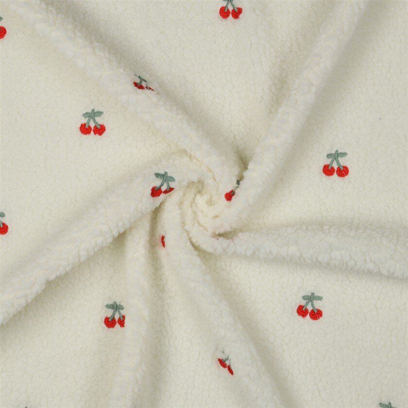 0,4 Meter - Teddystoff Bestickt Kirschen - creme