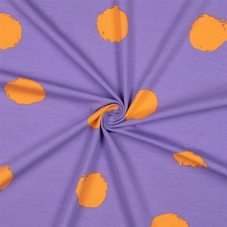 0,8 Meter - Baumwolljersey große orange Punkte - softlavendel