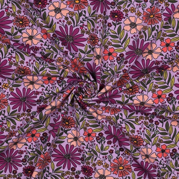 0,9 Meter - Baumwolljersey Blumen - lavendel